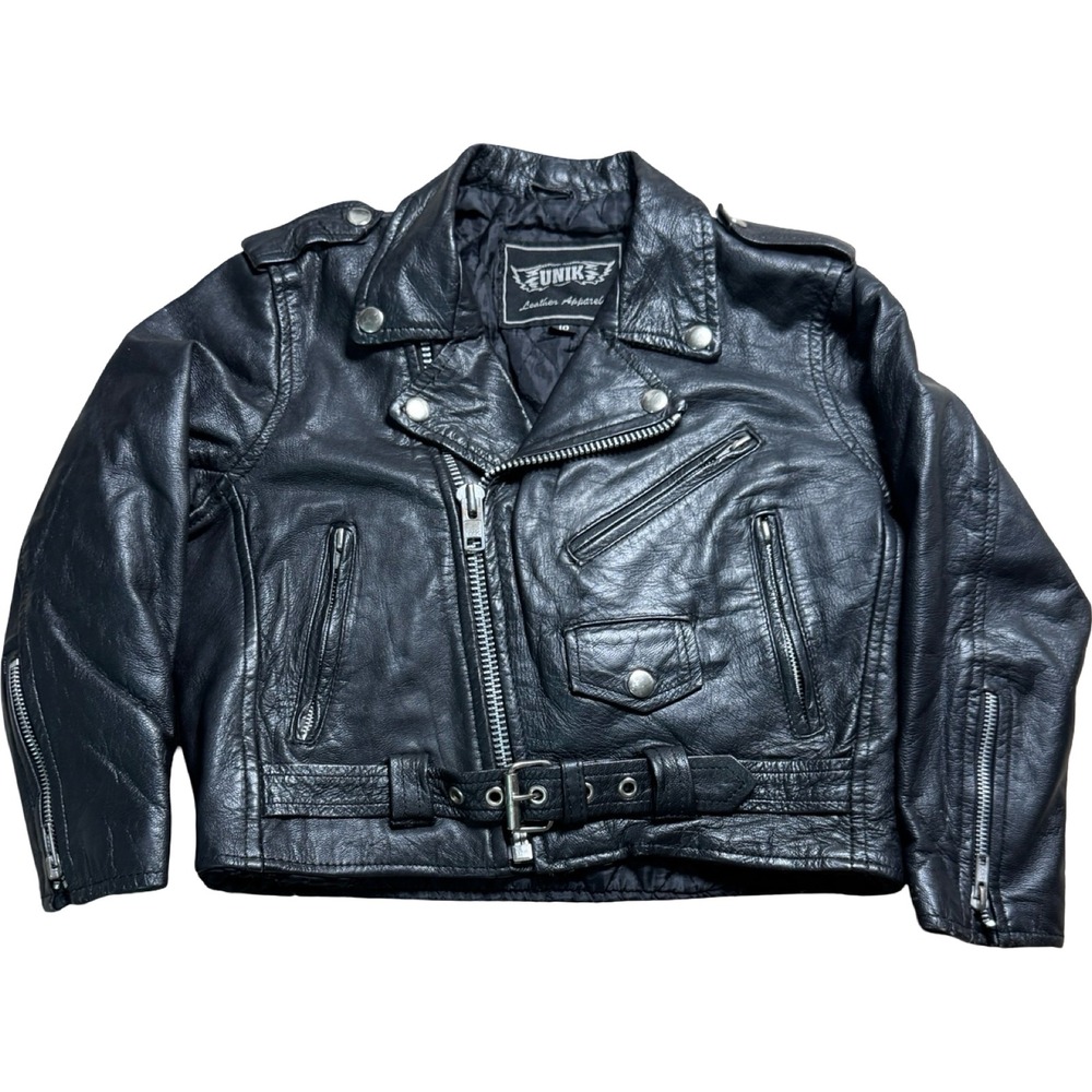 UNIK Leather Motorcycle Jacket Kids 10 Black Good Biker Moto Belted Zip Pockets